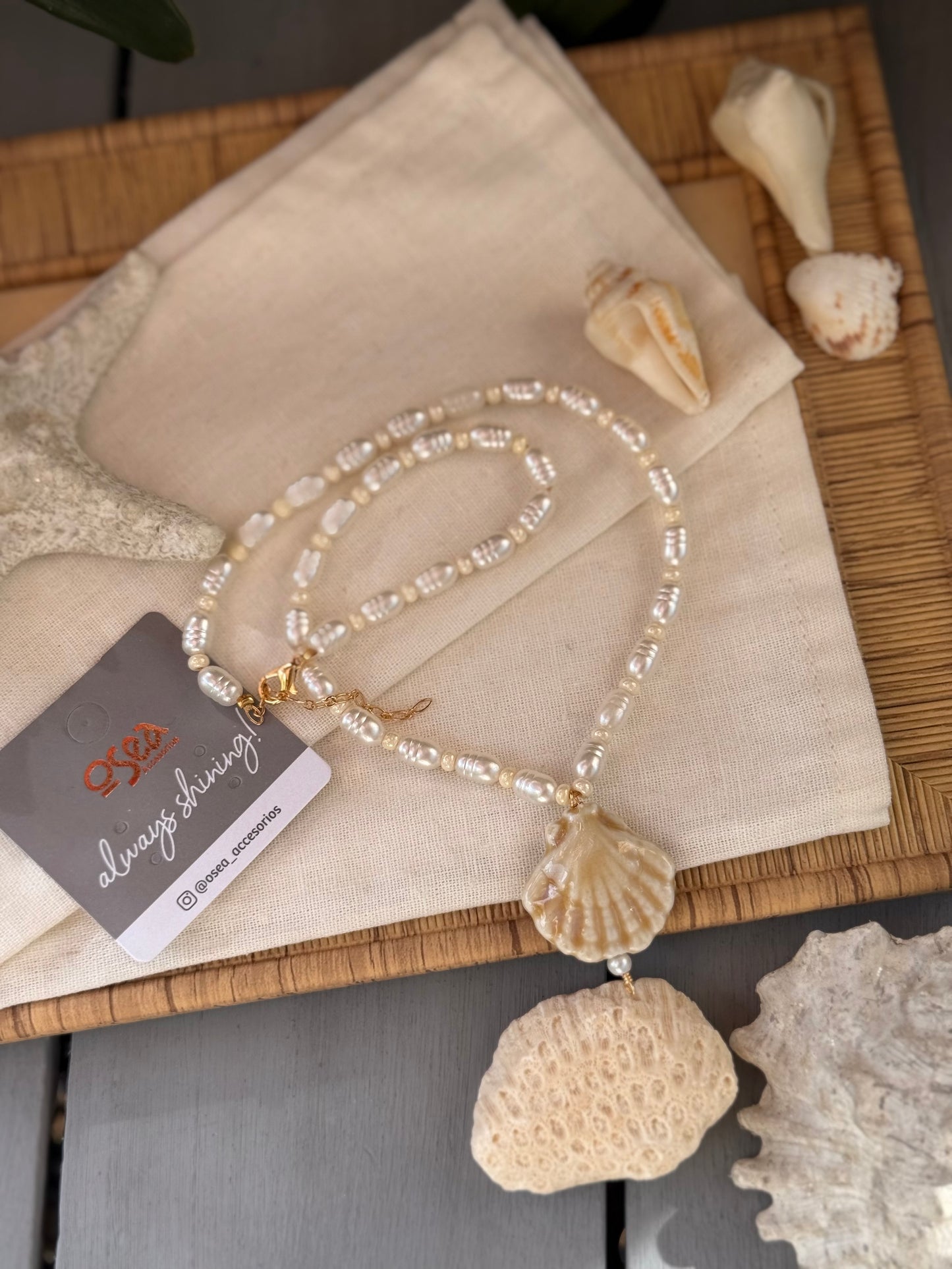 Collar perlas dije concha pastel