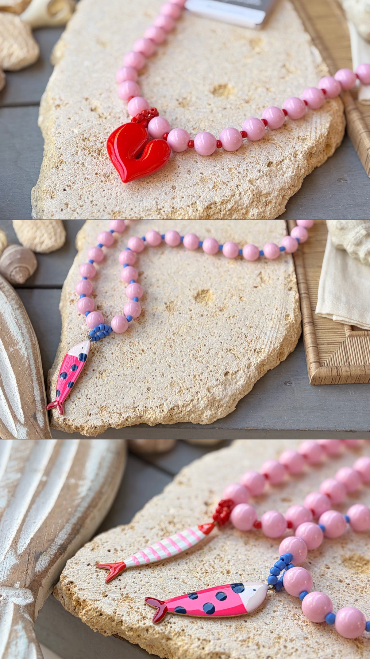 Collar largo bolas rosadas dije corazón rojo