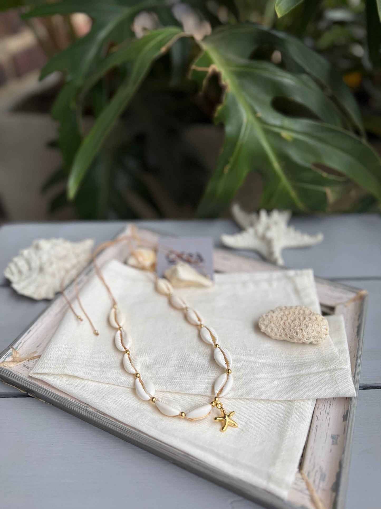 Choker en hilo con conchas, balín y dije