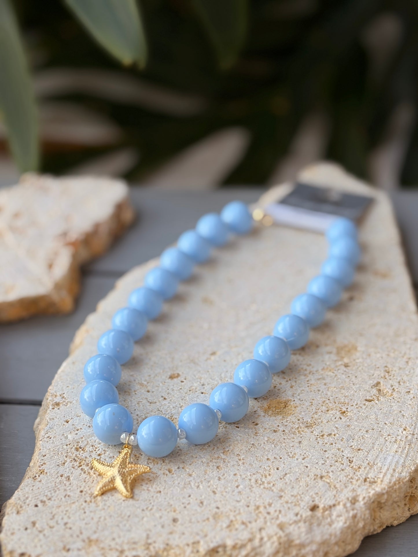 Collar de bolas azul dije estrella de mar