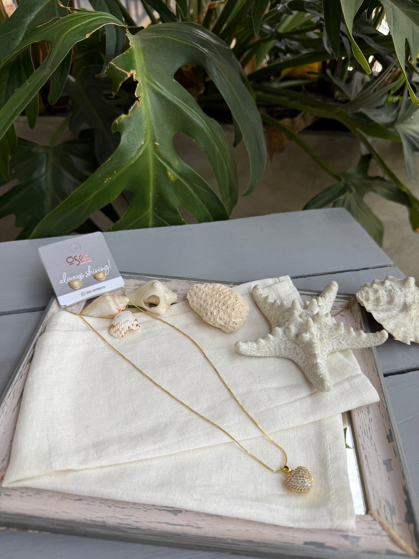 Set cadena y topos rodinados corazón y piedras
