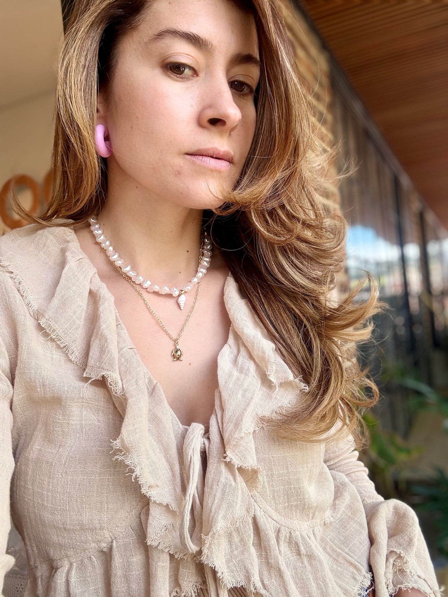 Collar doble perlas y piedra picada