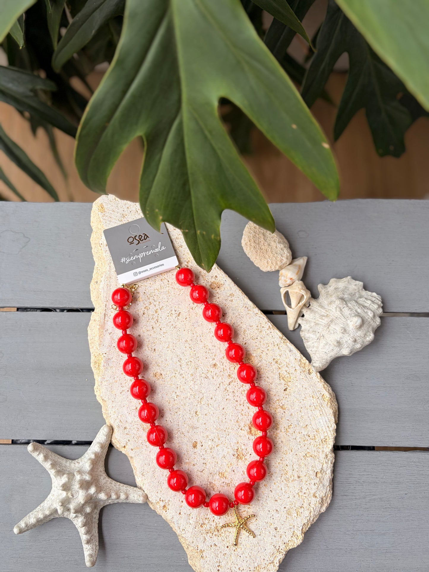 Collar bolas rojas rubí dije estrella de mar
