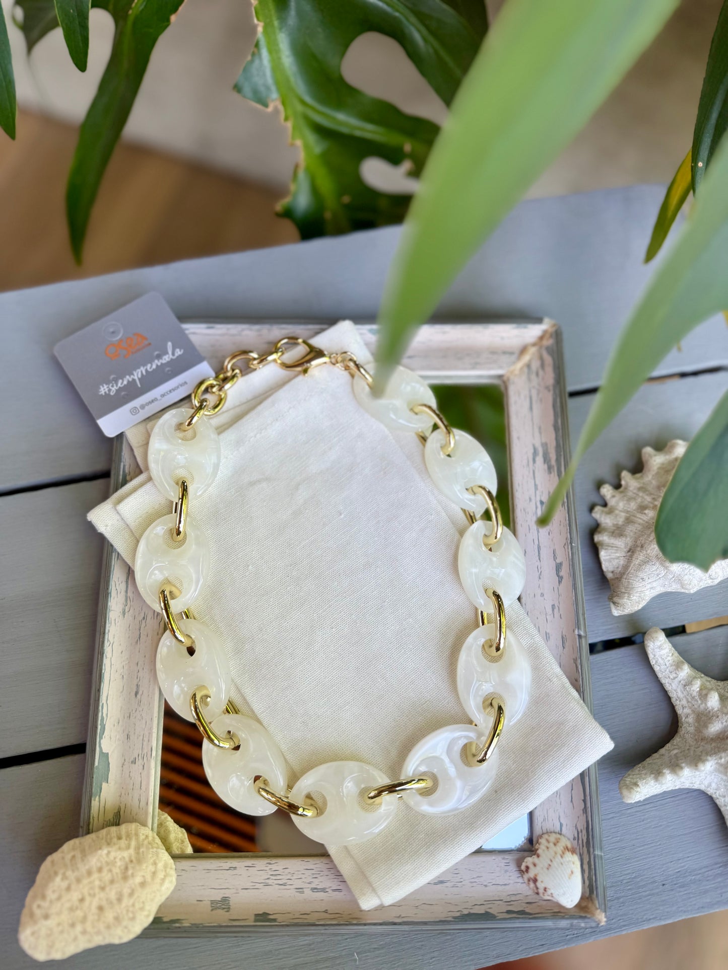 Collar eslabones rodinados y pasta blanco.