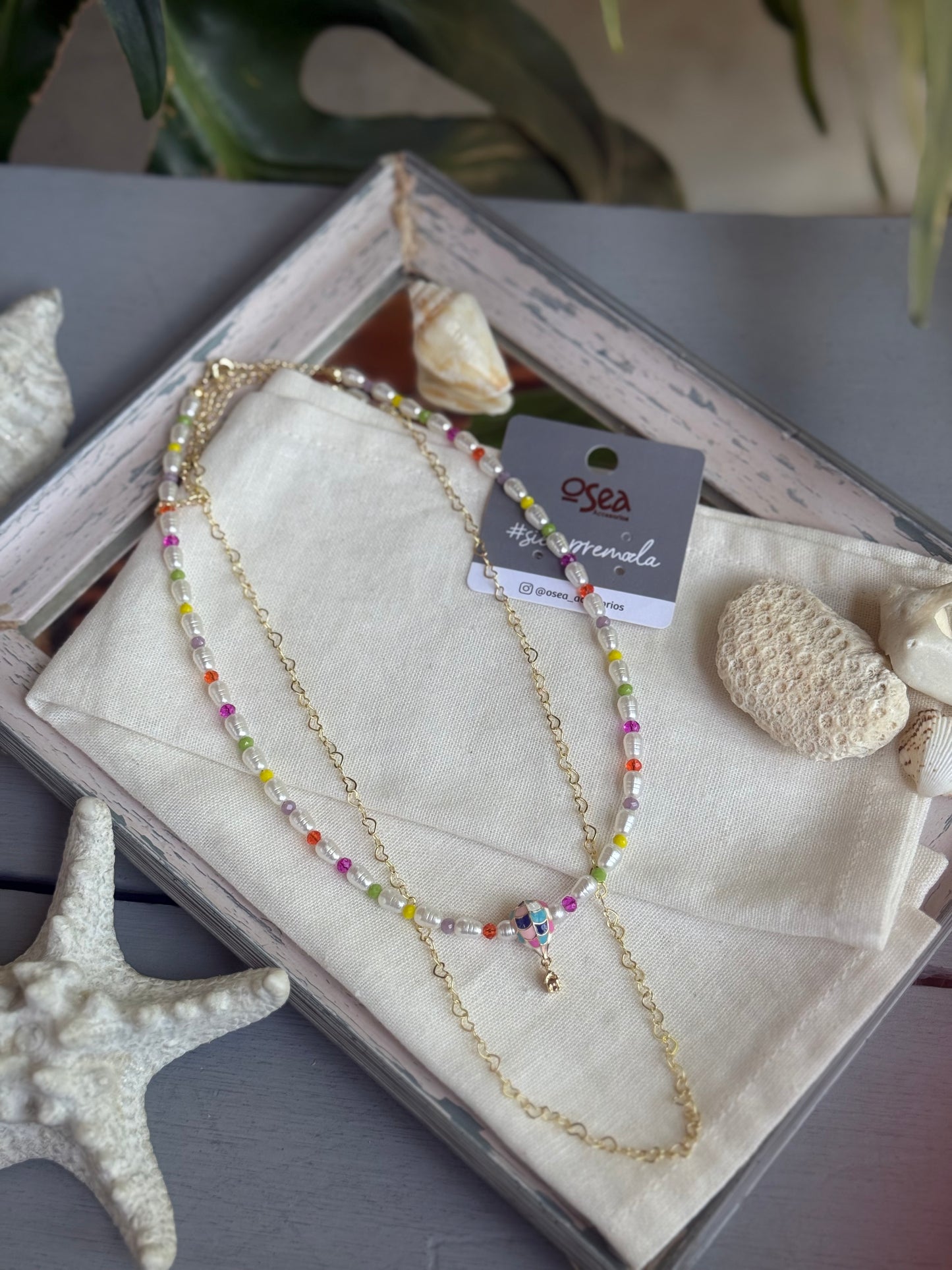 Collar doble piedras colores cadena rodinada dije globo