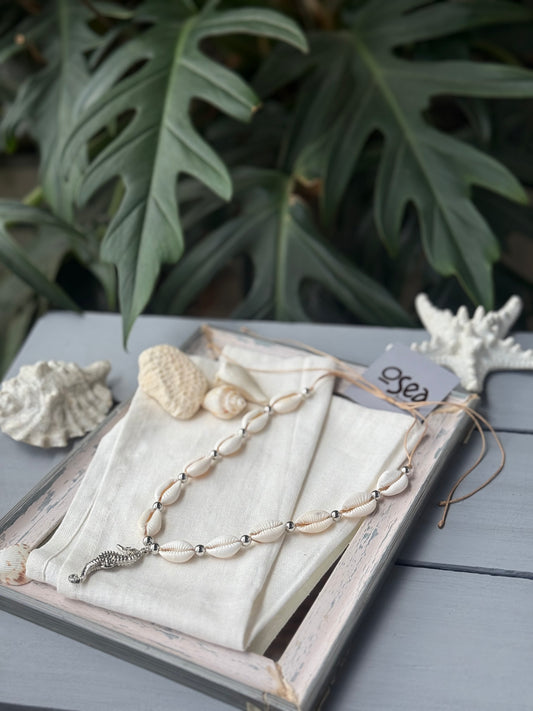 Choker hilo, conchas y balines plateados