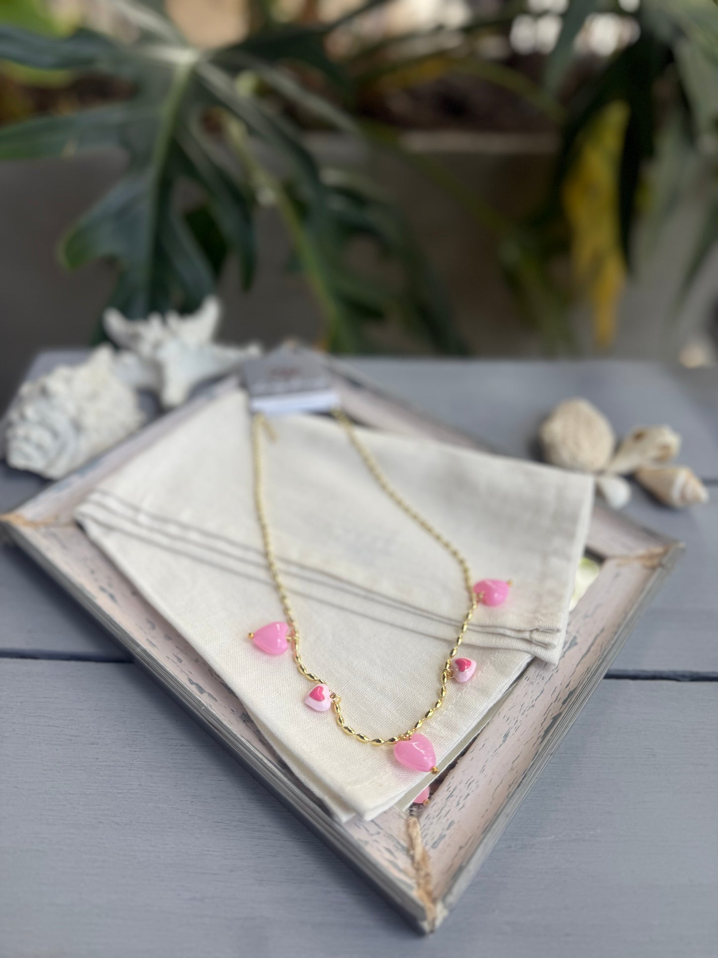 Collar mini eslabones ovalados dijes corazón rosado