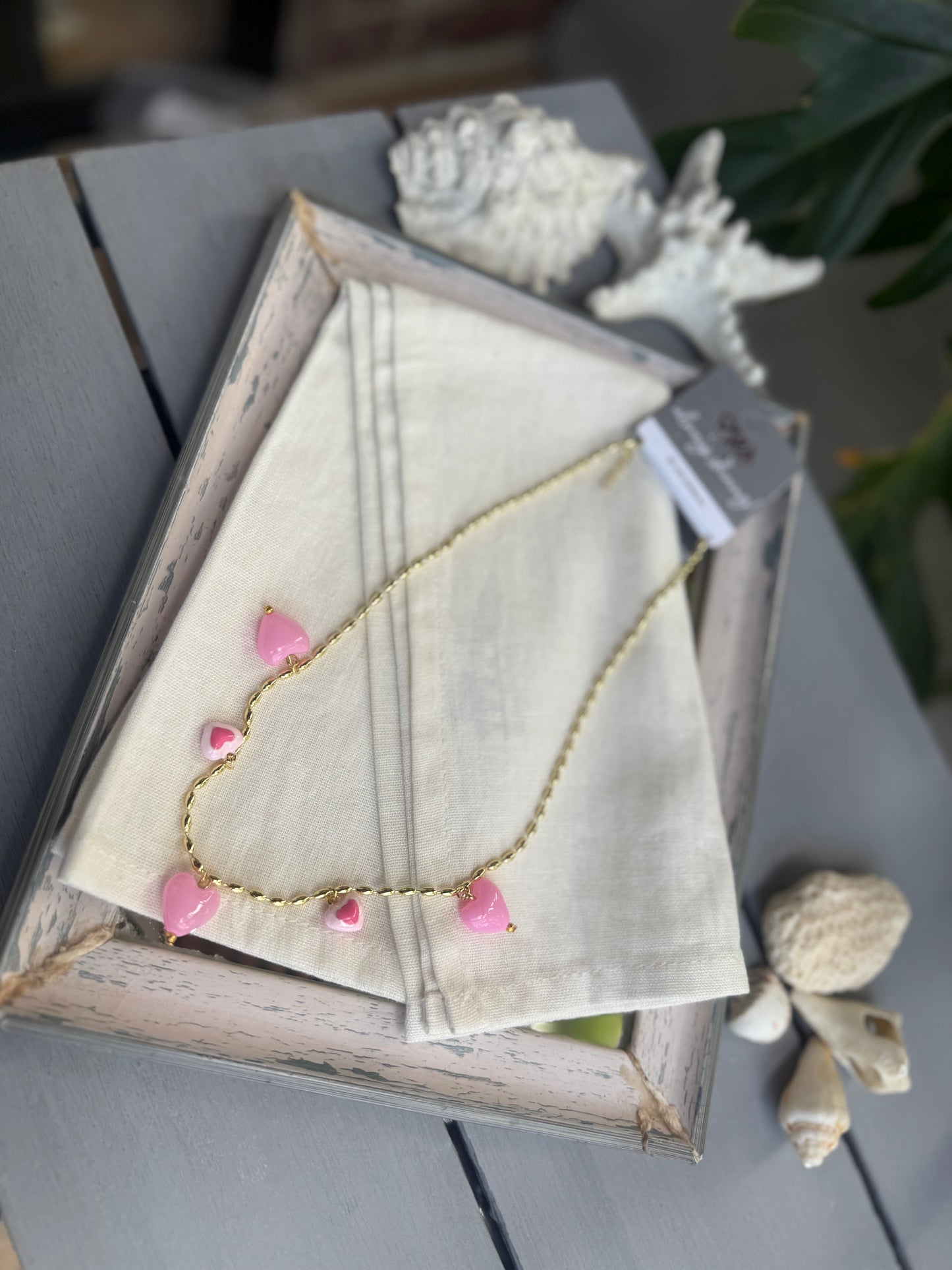 Collar mini eslabones ovalados dijes corazón rosado
