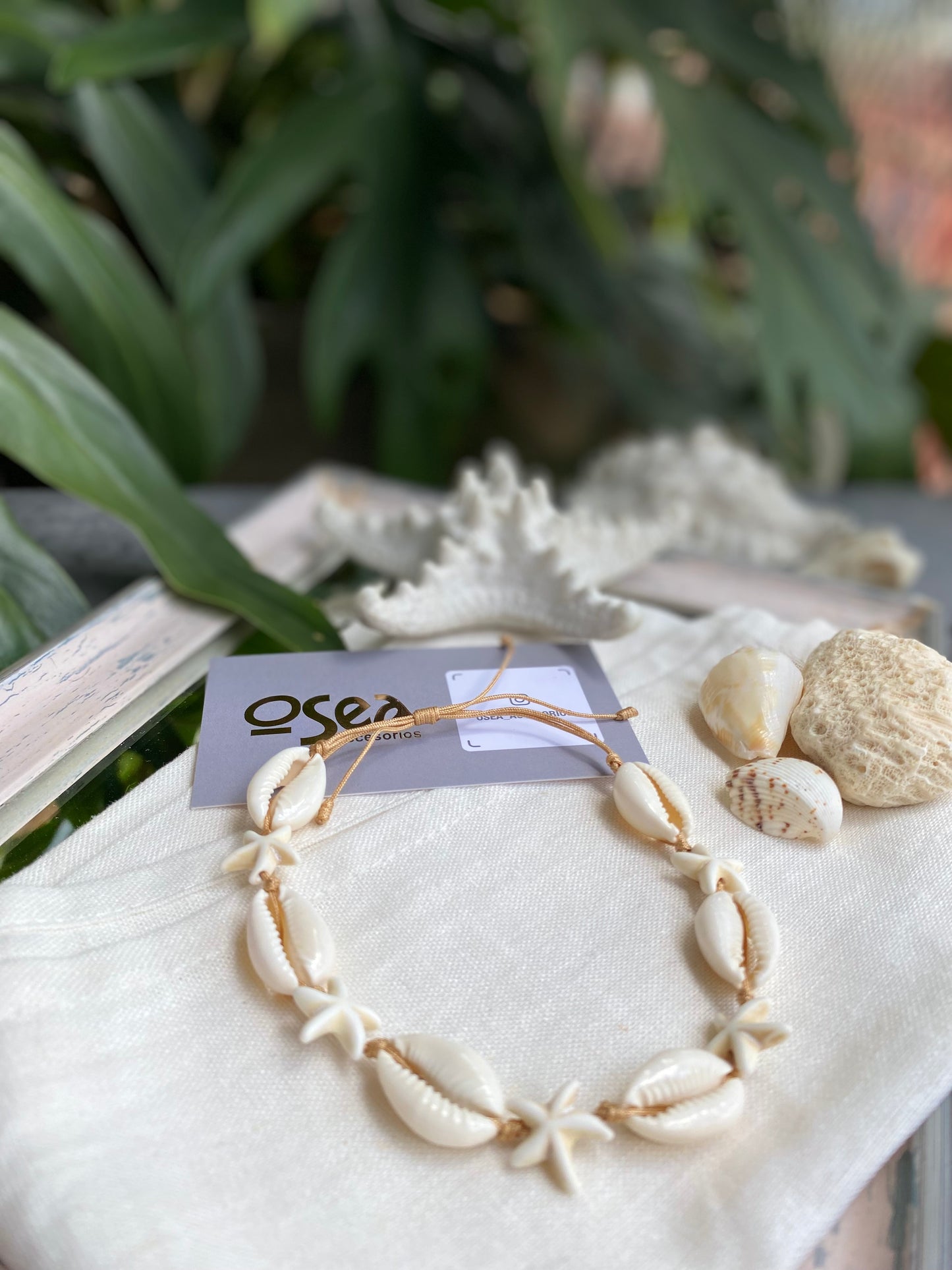 Tobillera en hilo conchas y estrella fósil
