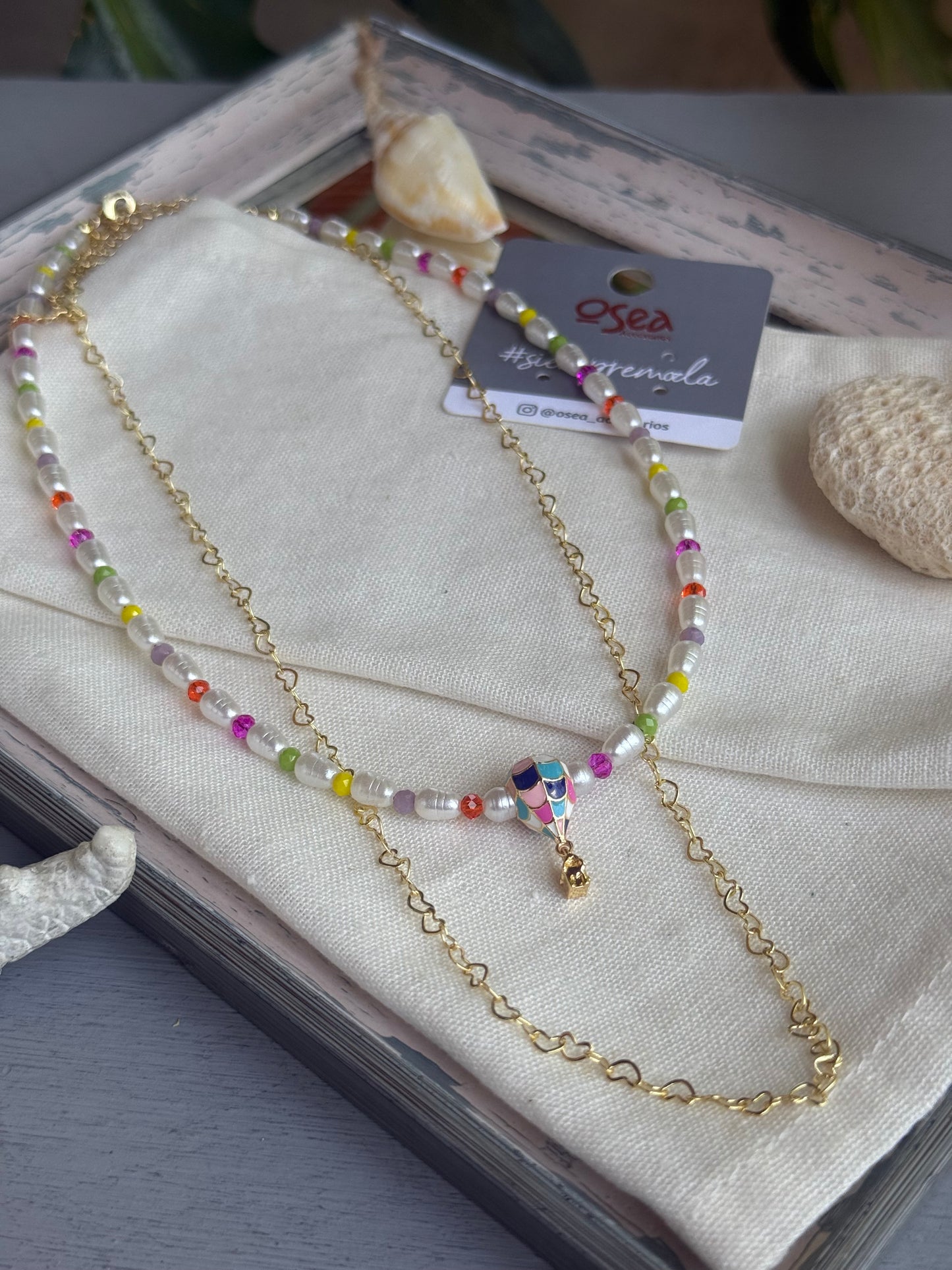 Collar doble piedras colores cadena rodinada dije globo