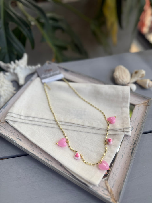 Collar mini eslabones ovalados dijes corazón rosado