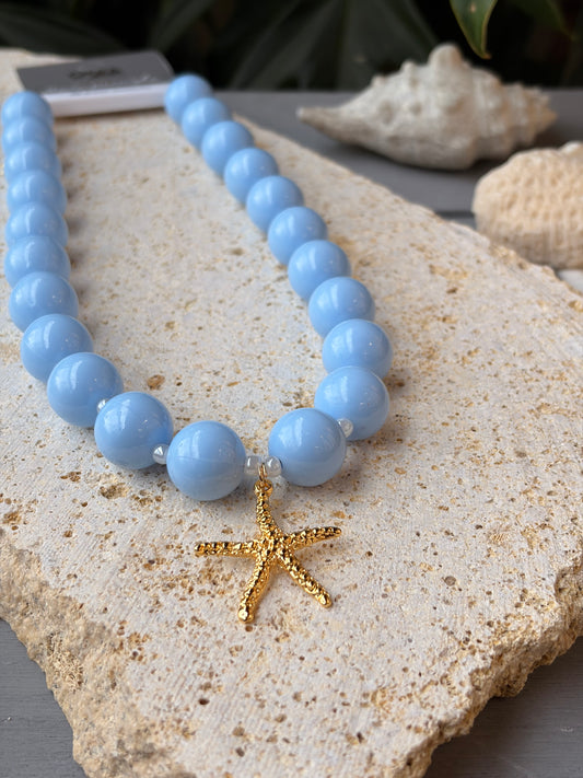 Collar de bolas azul dije estrella de mar