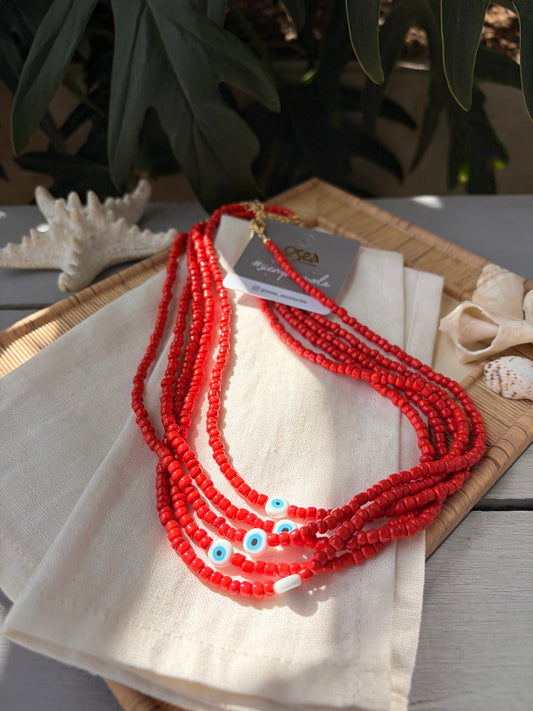 Collar mostacilla mediana roja dije ojo