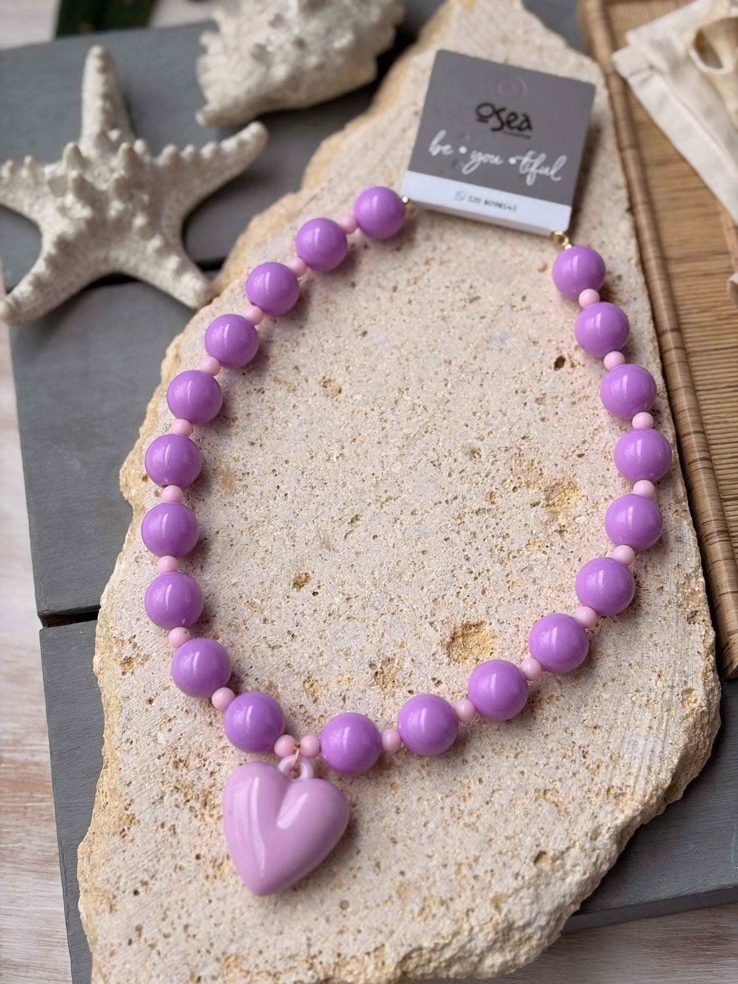 Collar bolas dije corazón lila