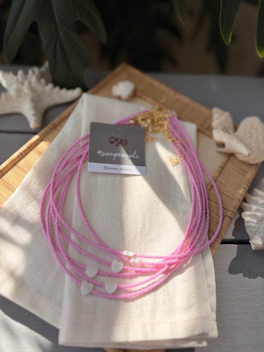 Choker mostacilla rosada corazón nacar