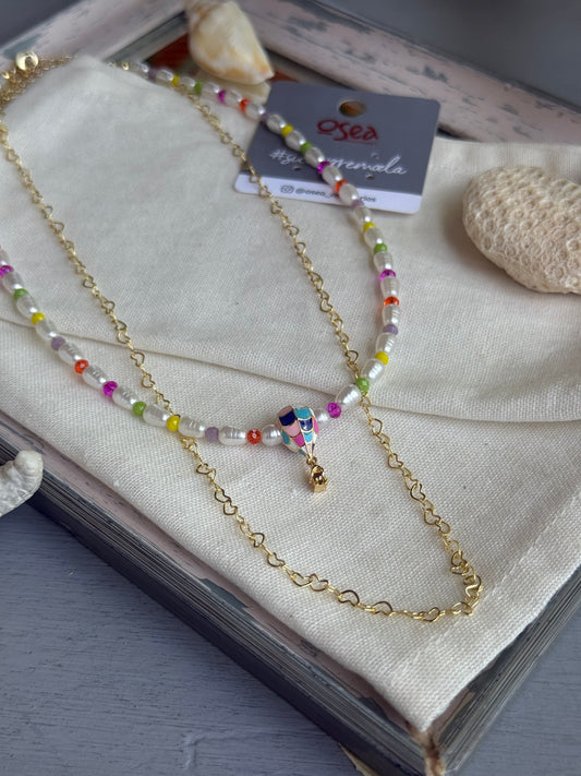 Collar doble piedras colores cadena rodinada dije globo