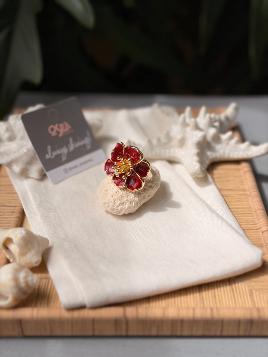 Anillo rodinado flor destello resina vinotinto