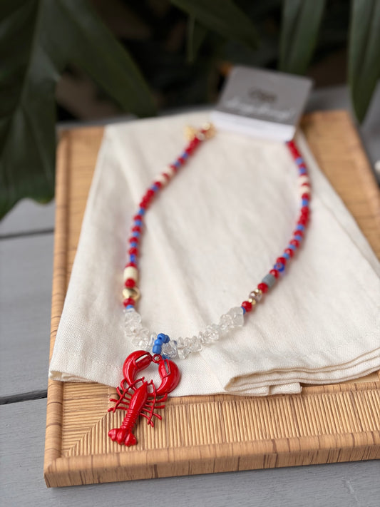 Collar playero rojo piedras dije langosta