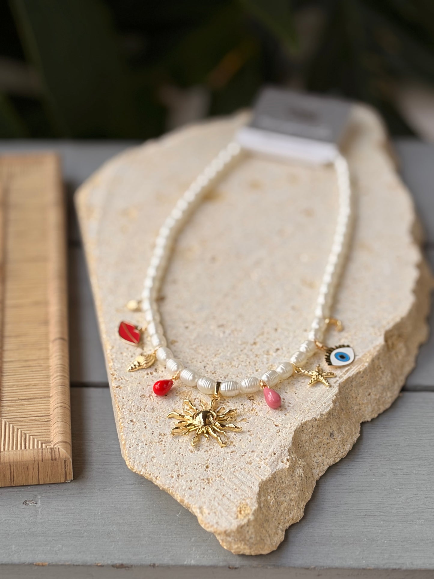 Collar perlas dijes de mar y sol