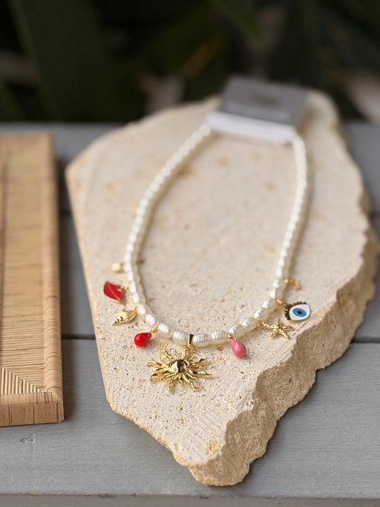 Collar perlas dijes de mar y sol