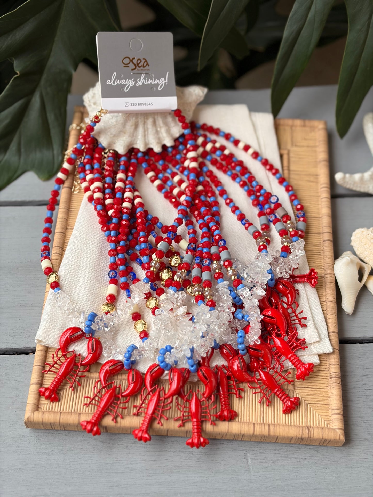Collar playero rojo piedras dije langosta