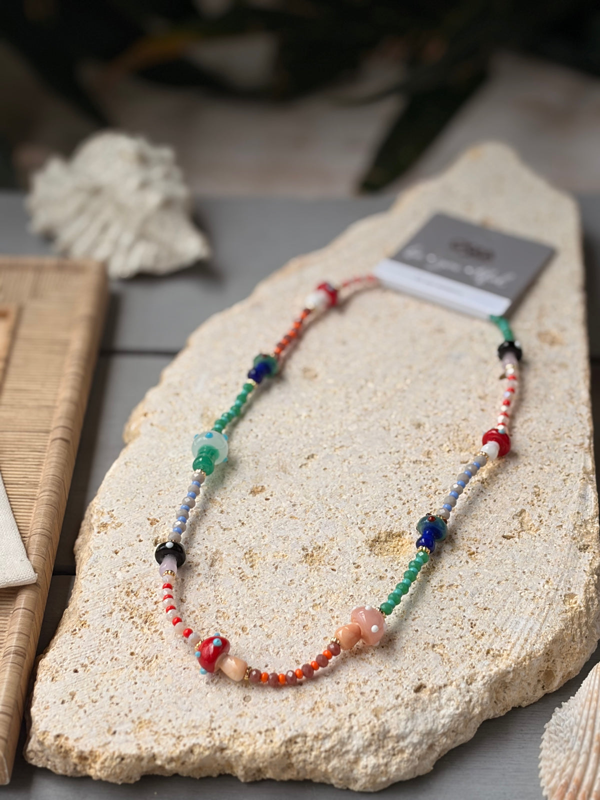 Collar piedras tipo murano dijes hongos