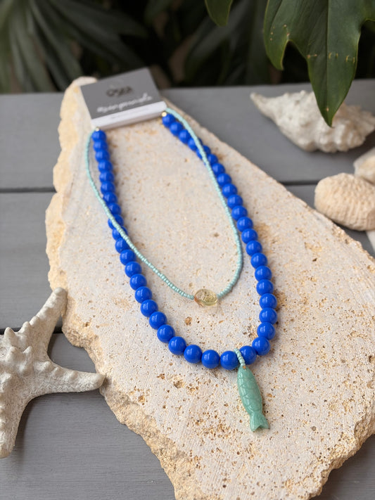 Collar doble bolas y mostacilla dije pez