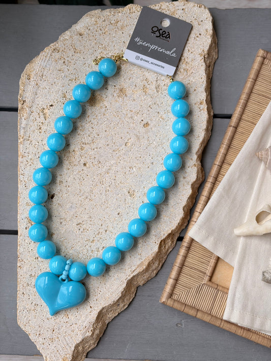 Collar bolas corazón azul turquesa