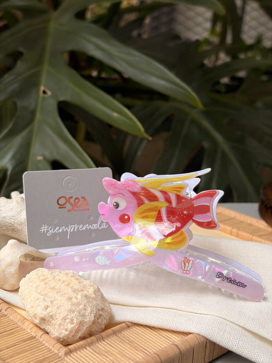 Caimán hair clip pez rosa efecto nácar