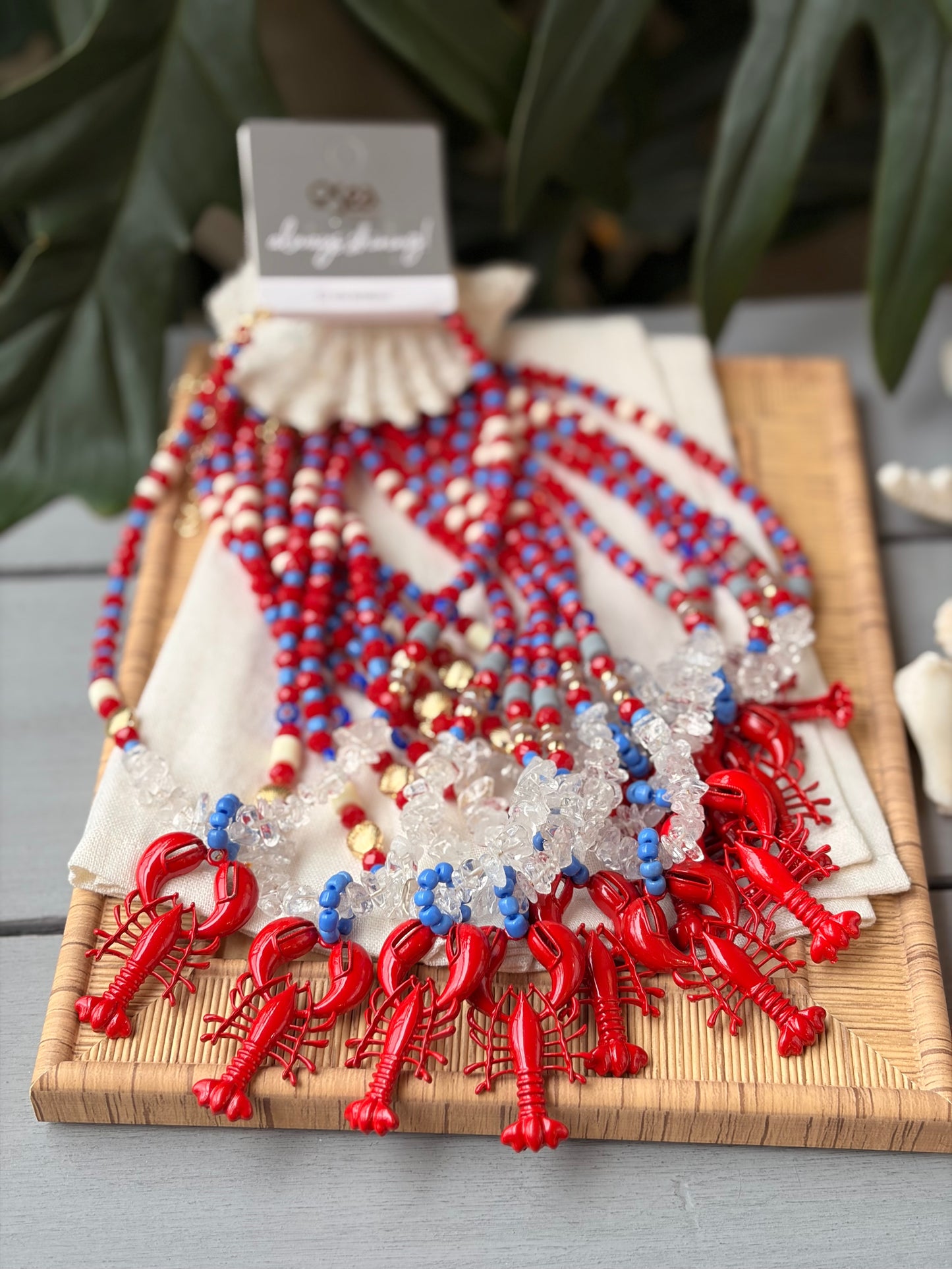 Collar playero rojo piedras dije langosta