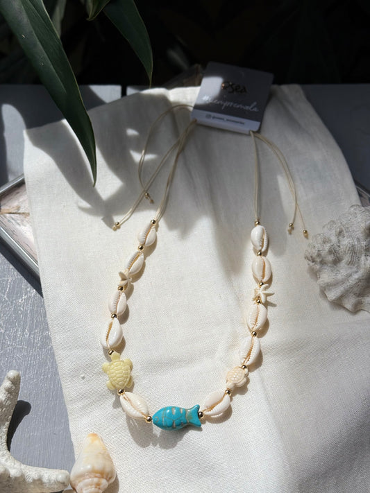 collar ajustable conchas, tortugas y pez